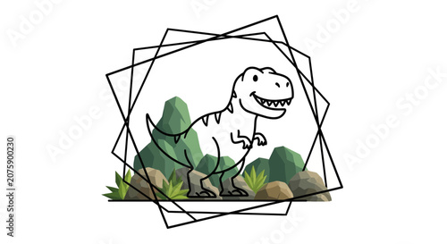 Cute Cartoon T-Rex Dinosaur in Geometric Frame with Rocks and Plants