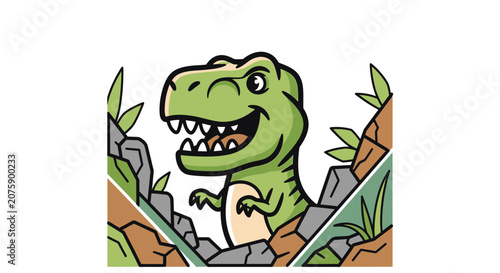 Cute cartoon T-Rex dinosaur peeking from behind rocks and plants, happy expression