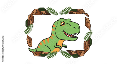 Cute Cartoon T-Rex Dinosaur Peeking Through Ferns and Rocks Frame