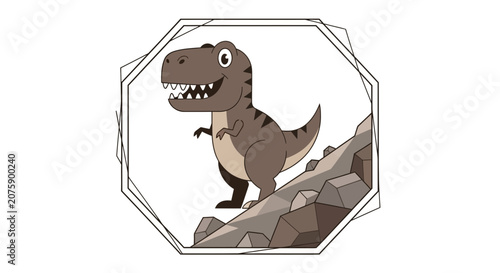 Cute Cartoon T-Rex Dinosaur Standing on Rocks, Geometric Frame, Vector Illustration