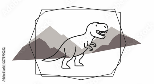 Cute Cartoon T-Rex Dinosaur with Mountains and Geometric Frame
