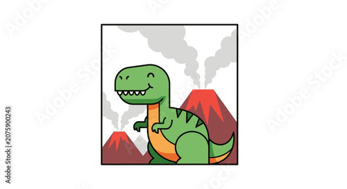 Cute Cartoon T-Rex Dinosaur Roaring with Volcano Eruptions in Background