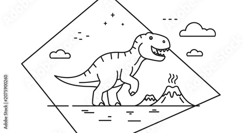 Cute Dinosaur Roaming Near Volcano, Cartoon Style Line Art