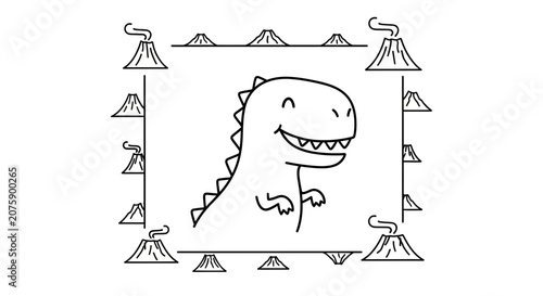 Cute Dinosaur Cartoon Character Surrounded by Volcanoes