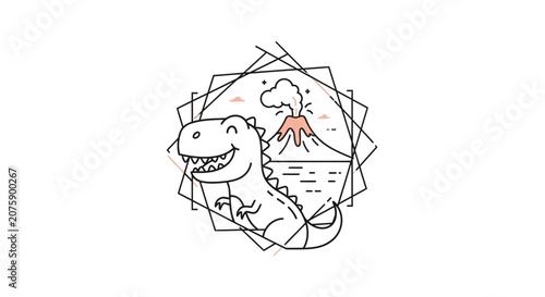 Cute Dinosaur Roaring Near Volcano and Geometric Frame