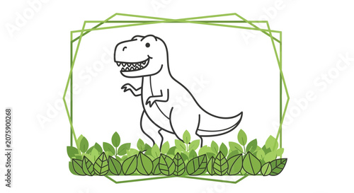 Cute Dinosaur T-Rex Illustration in Green Geometric Frame with Leaves