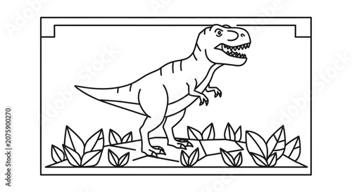 Cute Dinosaur Roaring in a Prehistoric Landscape, Line Art Coloring Page