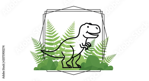 Cute Dinosaur T-Rex with Ferns and Geometric Frame