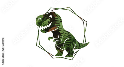 Cute Dinosaur T-Rex with Fern Pattern Inside Geometric Frame, Whimsical Illustration