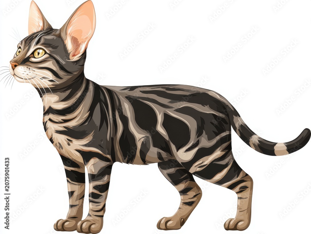 Fototapeta premium Striped Feline Standing Proudly With Alert Ears and Expressive Eyes White Background