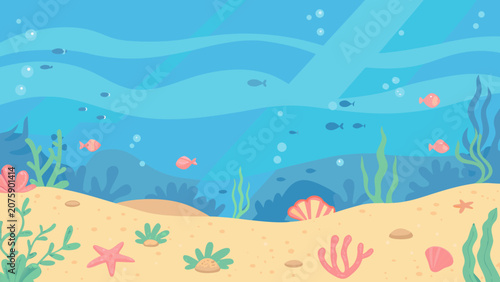Photography Cartoon ocean scene with seaweed seashells and marine life