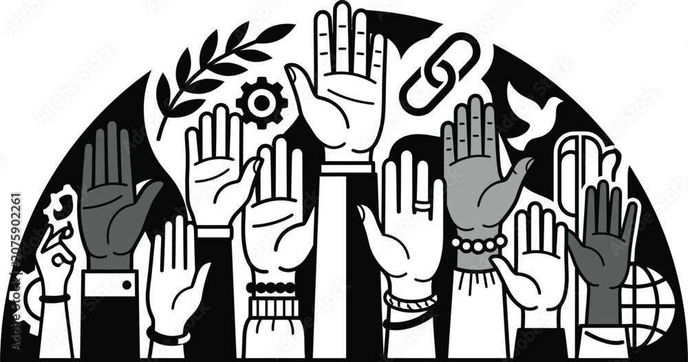 Fototapeta premium Black and white silhouette hands raised in unity with symbolic accessories on white background for social activism design