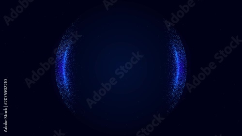 Futuristic blue particle sphere made of glowing dots on a dark space background, featuring smooth digital motion and abstract technology visualization for modern sci-fi visuals