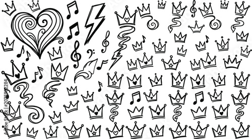 Hand drawn doodle collection with cute princess crowns music notes ornamental heart and lightning bolts vector elements