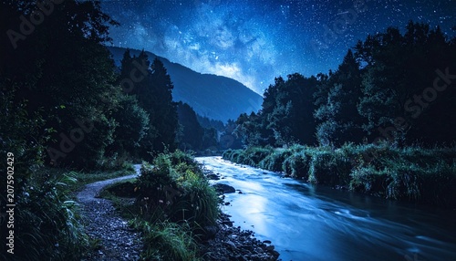 Fantasy Moonlit River with Glowing Water Under a Starry Night Sky