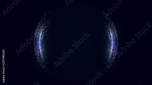 Abstract glowing particle sphere with white and blue dots on a dark space background, featuring smooth digital motion and futuristic technology visualization for modern sci-fi visuals