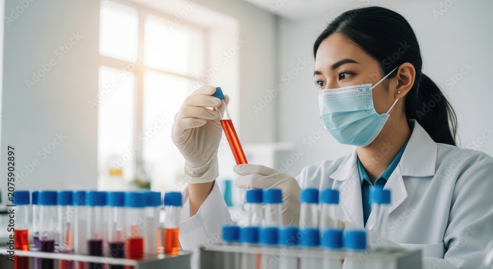 Fototapeta premium Female Scientist Analyzing Test Tube in Laboratory with Focus and Precision
