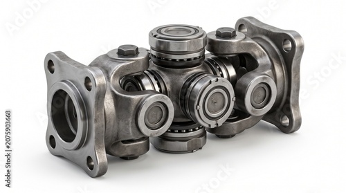 Universal joint isolated on a white background with realistic forged steel texture and studio lighting. Perfect for automotive and industrial transmission concepts.