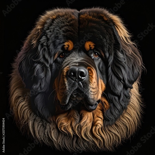 A close-up portrait of a majestic Tibetan Mastiff with a thick black and tan coat, set against a dark background.