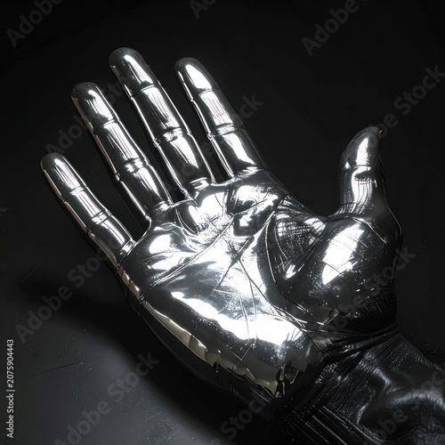A highly reflective, metallic prosthetic hand is showcased against a dark background.
