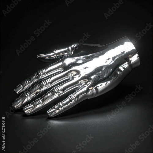 A highly reflective, chrome-plated mannequin hand lies on a black surface, its polished surface mirroring the dark background and subtle lighting.