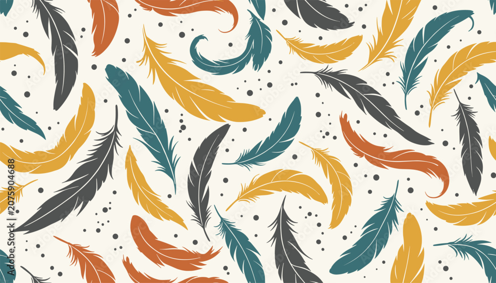 Fototapeta premium Whimsical seamless pattern featuring colorful floating feathers in yellow, blue, and orange on a soft cream background.