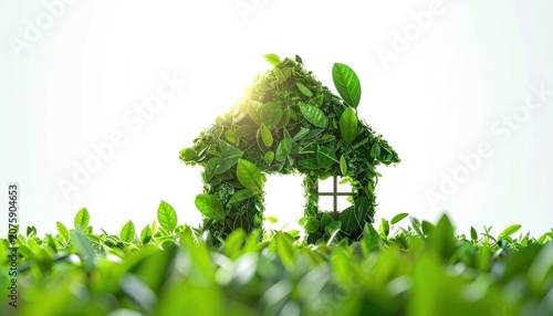 A house shaped from lush green leaves and foliage is surrounded by vibrant green plants.