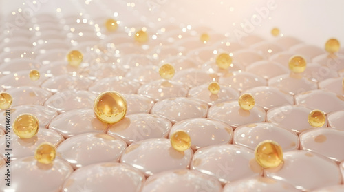 Golden oil droplets distribute evenly across smooth cellular surface.Deeply nourishes the epidermis and enhances bright radiant glow. 3D rendering.