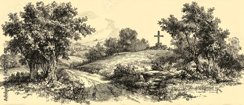 Vintage Cross in Rural Landscape – Generative AI