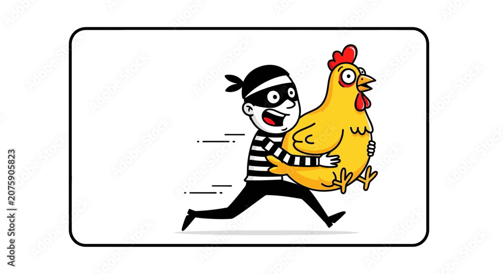 Fototapeta premium Thief Stealing Chicken Cartoon