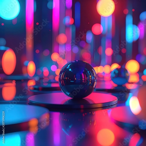 A dark, reflective sphere sits centrally on a pedestal amidst a vibrant, abstract background of glowing neon lights and bokeh effects.