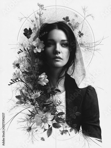 Virgin Mary Floral Engraving Illustration – AI Generative