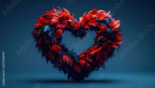 A heart-shaped arrangement of red and blue feathers on a dark blue background.
