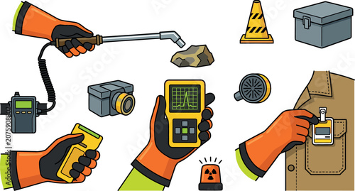 Foto Hazardous Radiation Detection and Safety Monitoring Equipment Set with Gloved Ha