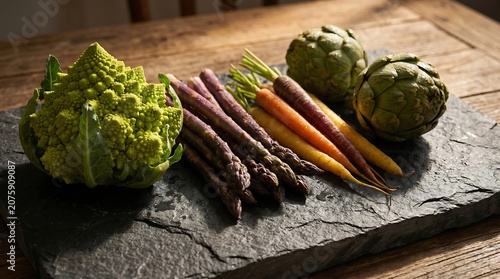 Premium Luxury Vegetables, Freshly Harvested Romanesco Broccoli, Artichokes, Asparagus and Carrots on Slate