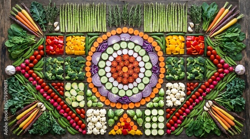 Premium Selection of Luxury Organic Vegetables Arranged in a Symmetrical Geometric Mandala Pattern