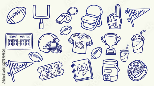 Collection of American Football Game Day Icons and Symbols in a Doodle Style.