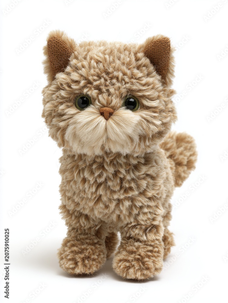 Fototapeta premium Cute Fluffy Beige Stuffed Cat Toy Isolated On A Pure White Background