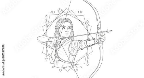 Archer Woman Drawing Bow Arrow Geometric Shapes Line Art