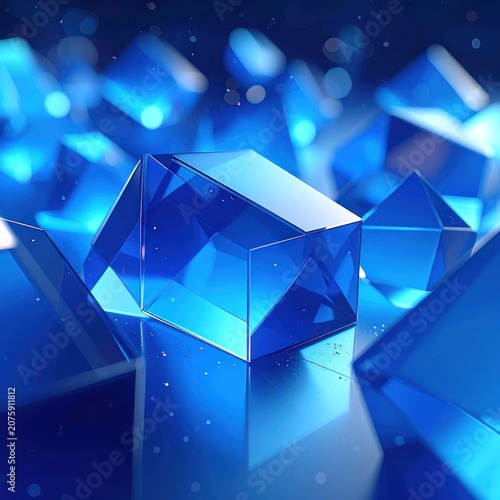 Abstract image of blue, geometric crystal forms scattered across a reflective surface with a dark, bokeh-filled background.