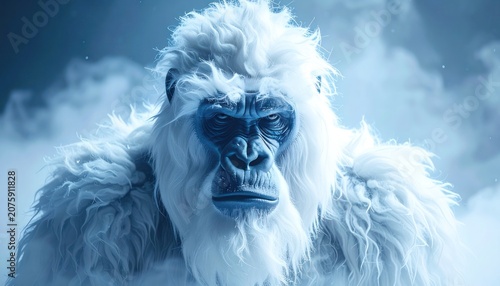 A close-up portrait of a formidable white ape-like creature with piercing blue eyes and shaggy fur, shrouded in a misty, icy atmosphere.