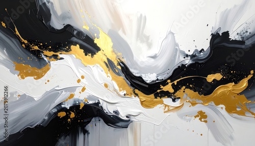 An abstract expressionist painting with flowing black, white, grey, and gold paint.