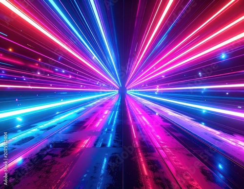 A futuristic tunnel of neon light streaks in shades of pink and blue, with a reflective floor.