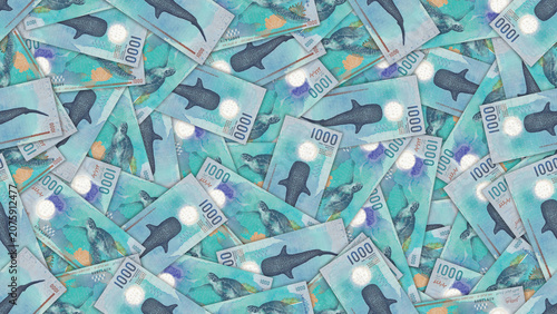 Seamless pattern illustration. Republic of Maldives. Scattered banknotes, denomination of 1000 rufiyaa. Obverse, reverse. Financial background, economic wallpaper. Business textures. Thousand