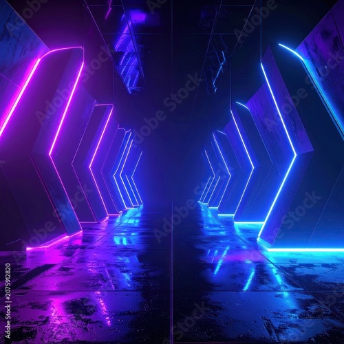 A dimly lit corridor with glowing neon lights and reflective surfaces.