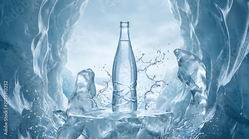 Refreshing mineral water bottle surrounded by ice and splashes, symbolizing purity and coolness.