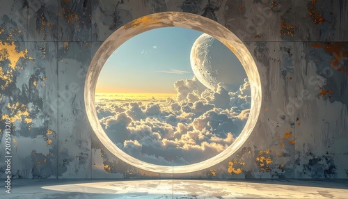 Futuristic circular portal window wide shot overlooking dreamlike cloudscape 3D render soft golden hour lighting on textured concrete wall background.