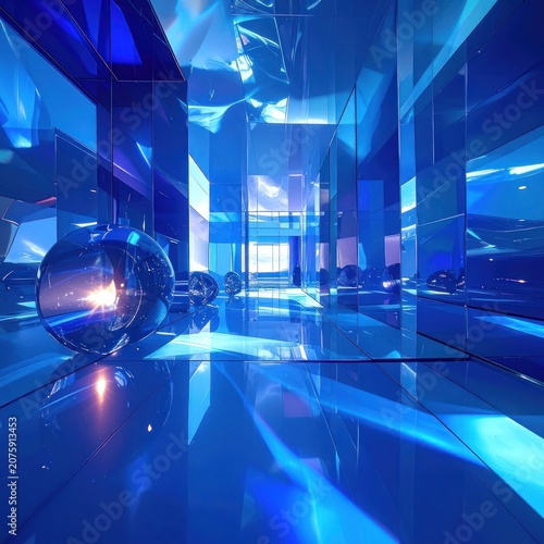 A surreal blue corridor filled with reflective surfaces and glass spheres.