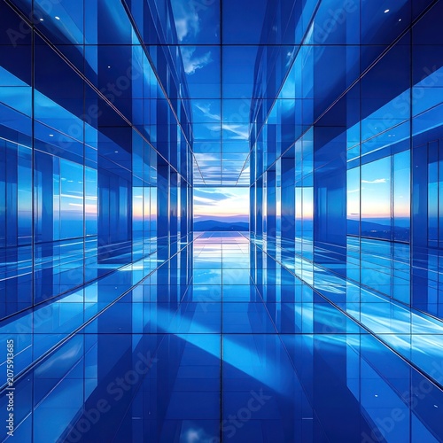 A surreal hallway of blue glass reflecting a vibrant sky and distant mountains.