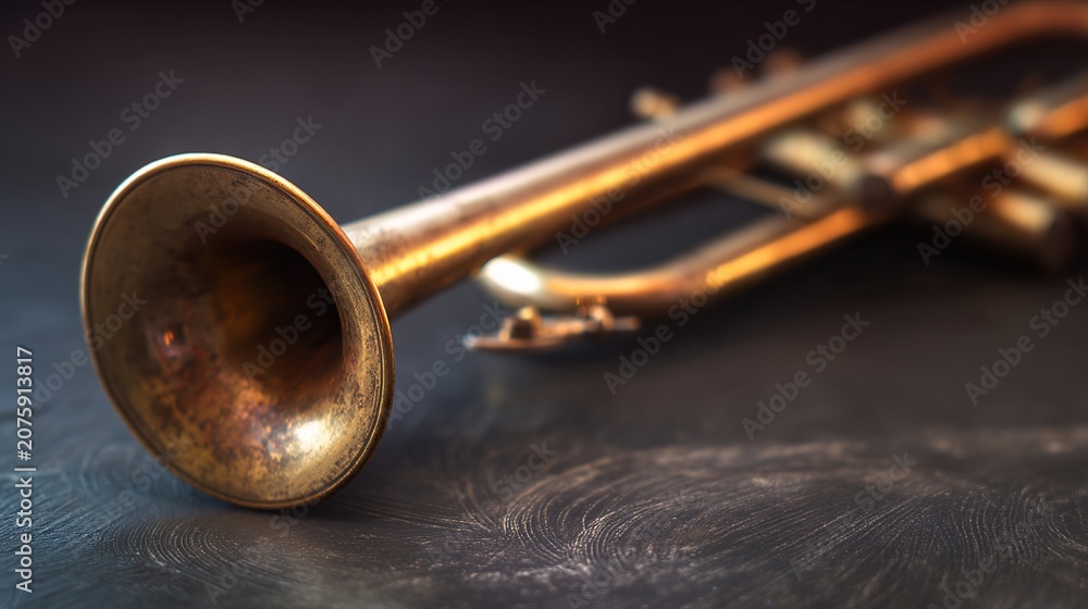 Obraz premium harmonic. Brass trumpet horn on dark background with subtle circular wave patterns. event programs, museum guides, designed for cultural heritage projects and event programs, preserves heritage.